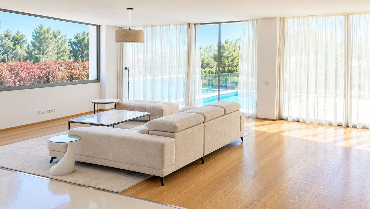 Modern living room with large windows overlooking a swimming pool and lush greenery outside.