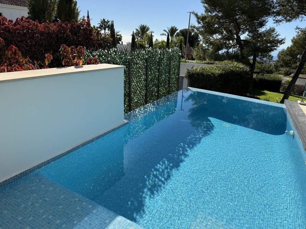 A modern private swimming pool with blue mosaic tiles, surrounded by lush greenery and trees on a sunny day.