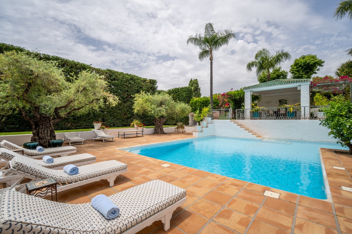 Espace piscine extérieur avec chaises longues, palmiers, pergola, entouré verdure.