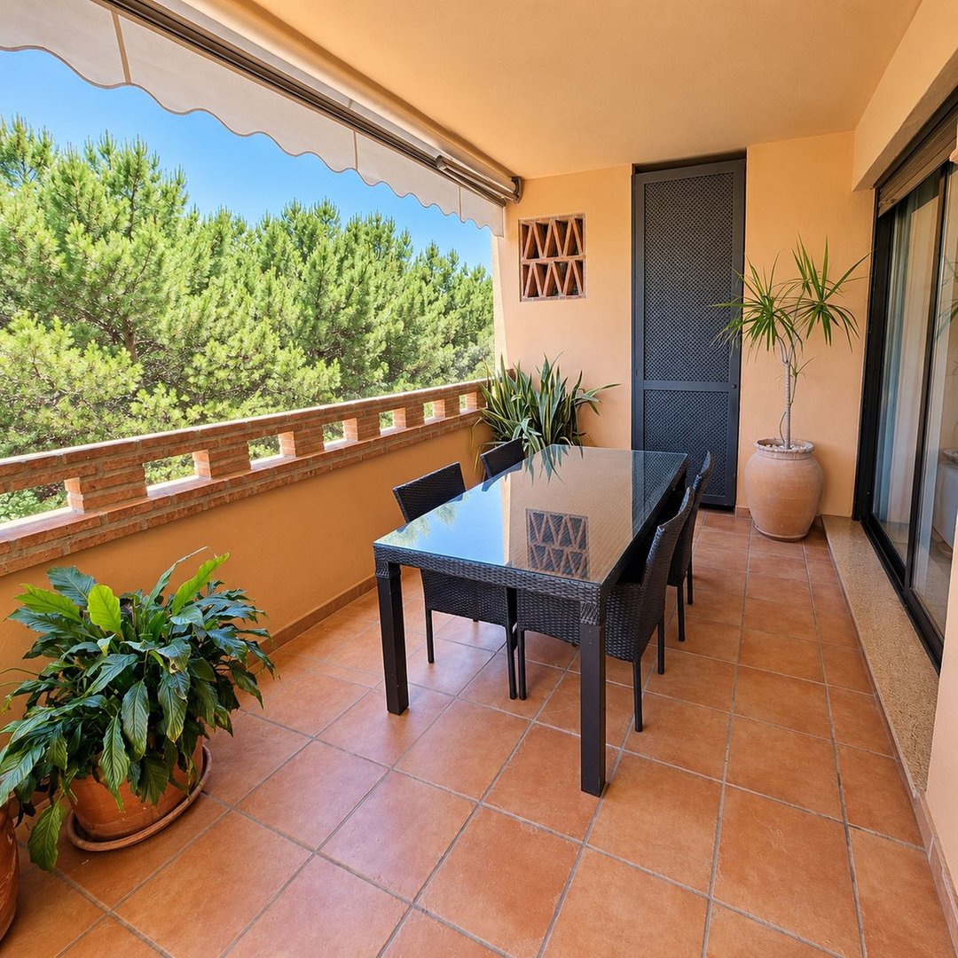 Covered terrace with dining table and chairs overlooking a lush green pine forest and blue sky.