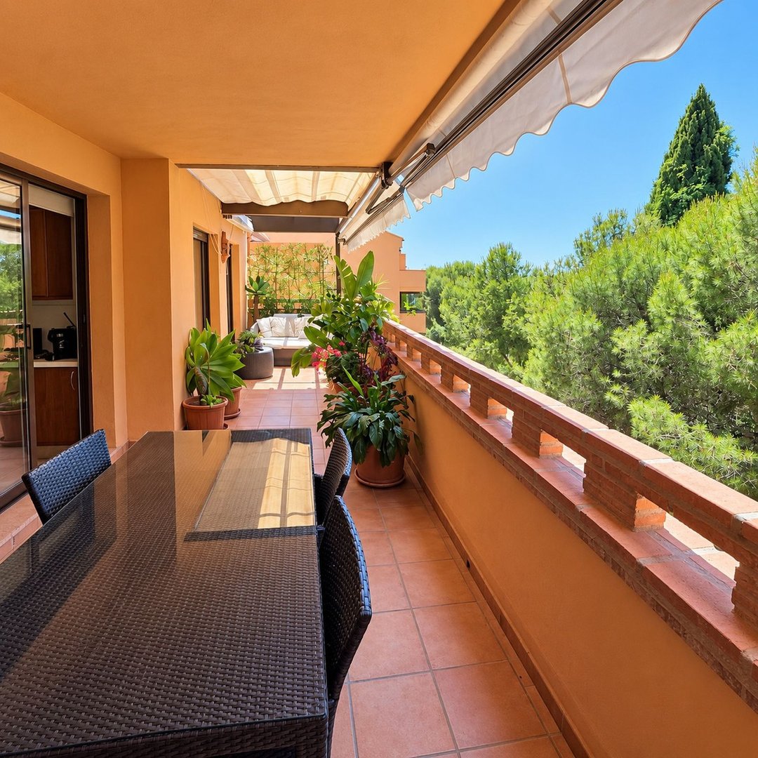 Spacious terrace with dining table and seating, offering a beautiful view of lush green trees under a clear blue sky.