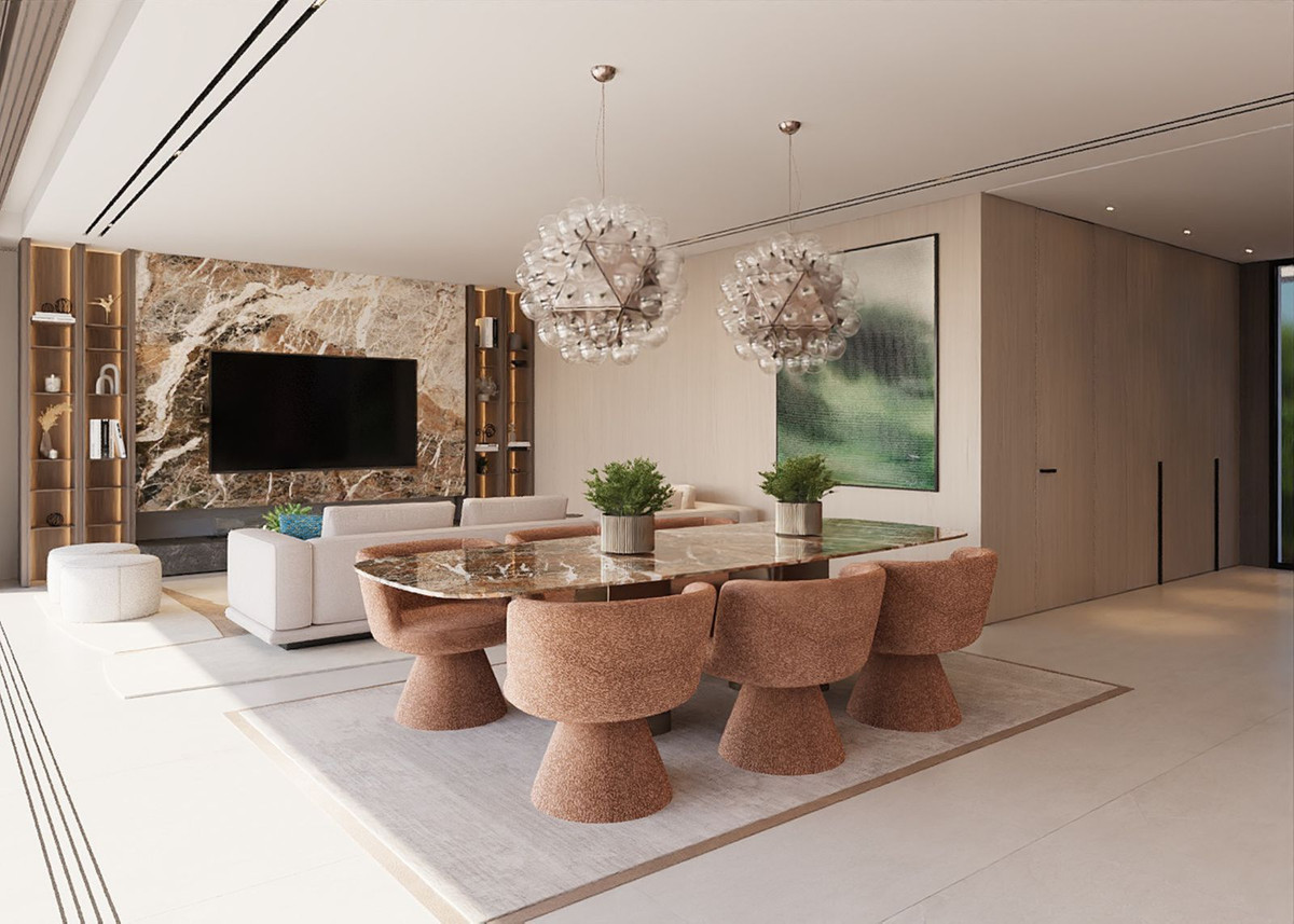 Moderne woon-eetkamer met design verlichting en marmeren accentmuur