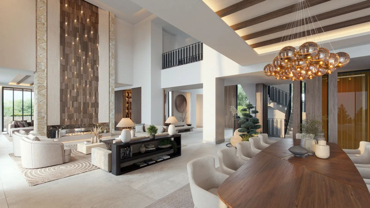 Luxe interieurontwerp met open haard en houten accenten.