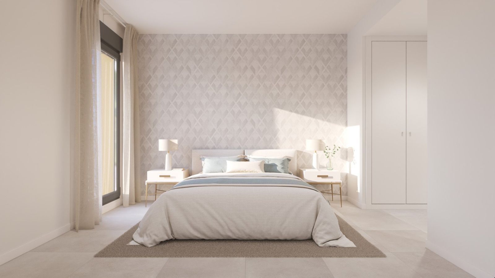 Slaapkamerinterieur in Cala Swing Mijas met bed en nachtkastjes.