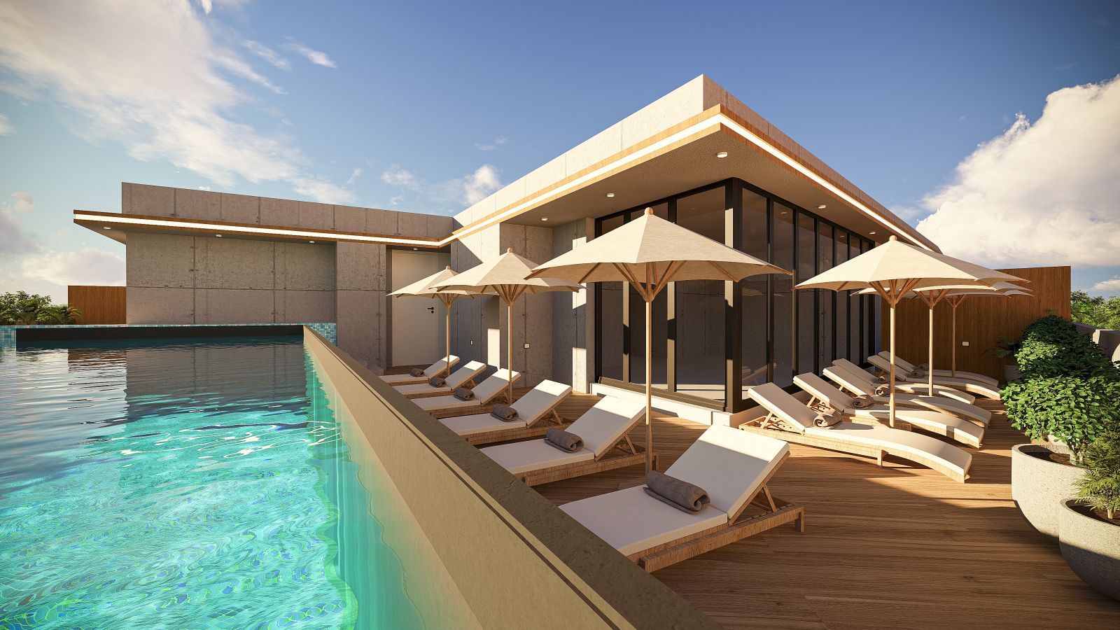 Lantana Residentie: Rooftop zwembad en zonneterras met ligstoelen en parasols.