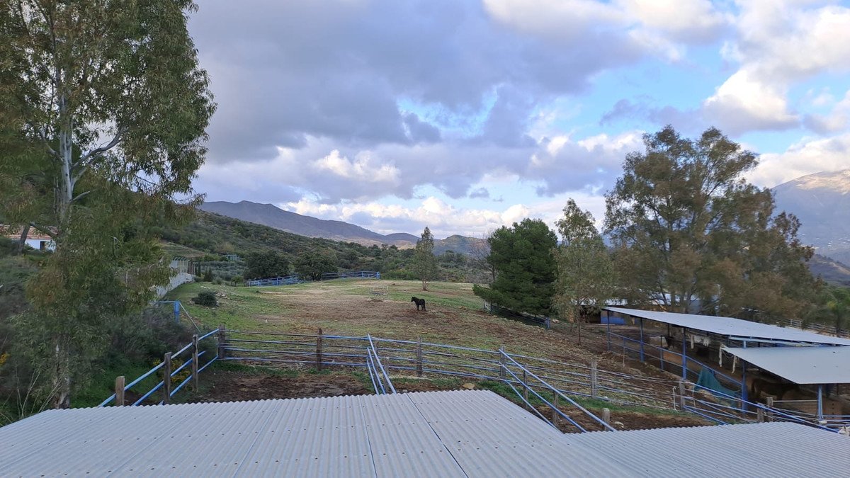 A rural landscape showing a horse in a fenced pasture with rolling hills and trees under a cloudy sky.