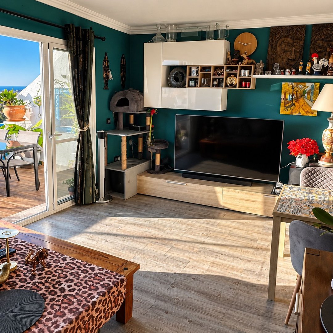 Living room with teal walls, large TV, balcony with ocean view, and a cat tree. Sunlight streams in.