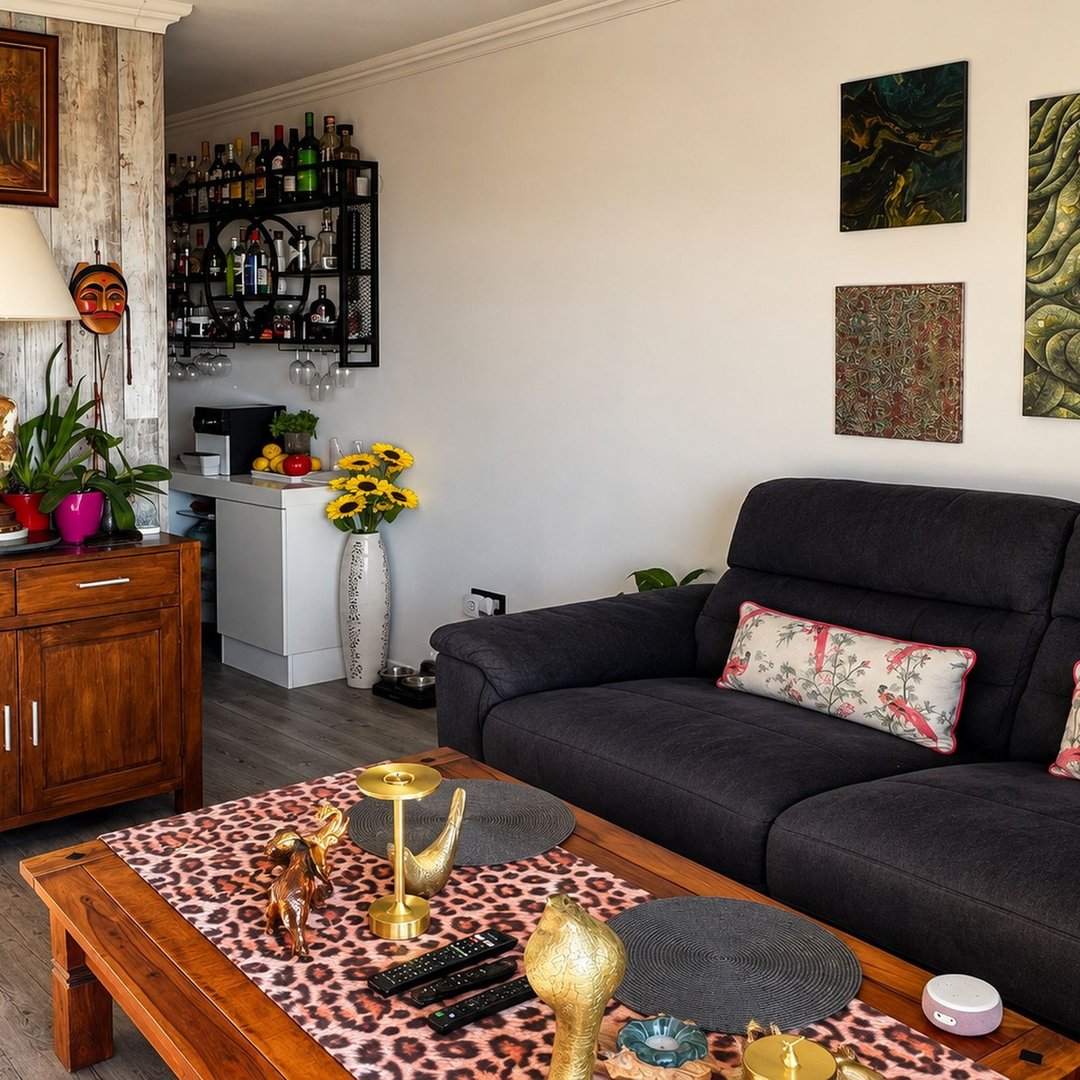 A dark gray sofa with a decorative pillow, placed in front of a wall with artwork, next to a bar area and coffee table.