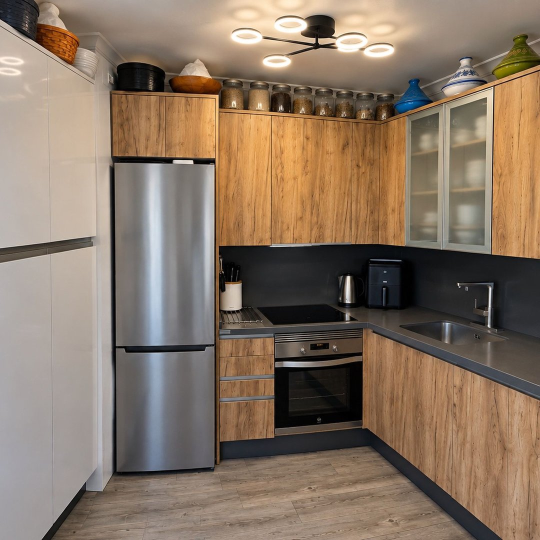 Modern kitchen with wood grain cabinets, stainless steel refrigerator, oven, and sink. Features sleek overhead lighting.