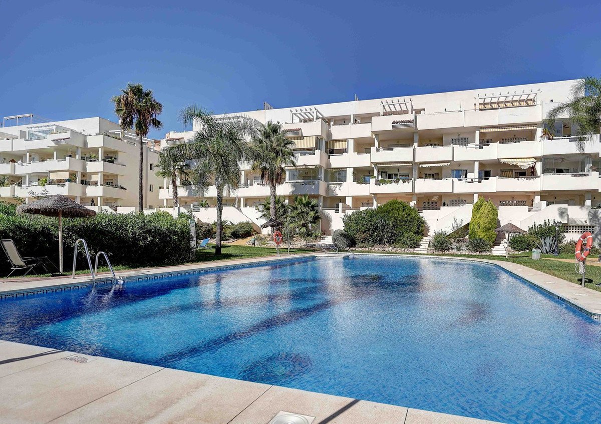 Spacious swimming pool with blue water in front of a modern apartment building with balconies and palm trees under a clear blue sky.