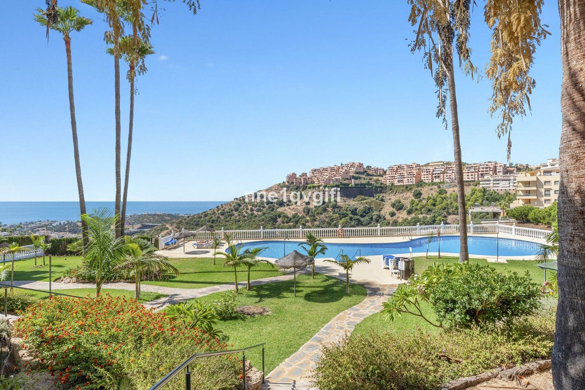 View of a swimming pool and a distant sea, with palm trees and residential buildings on a hillside.