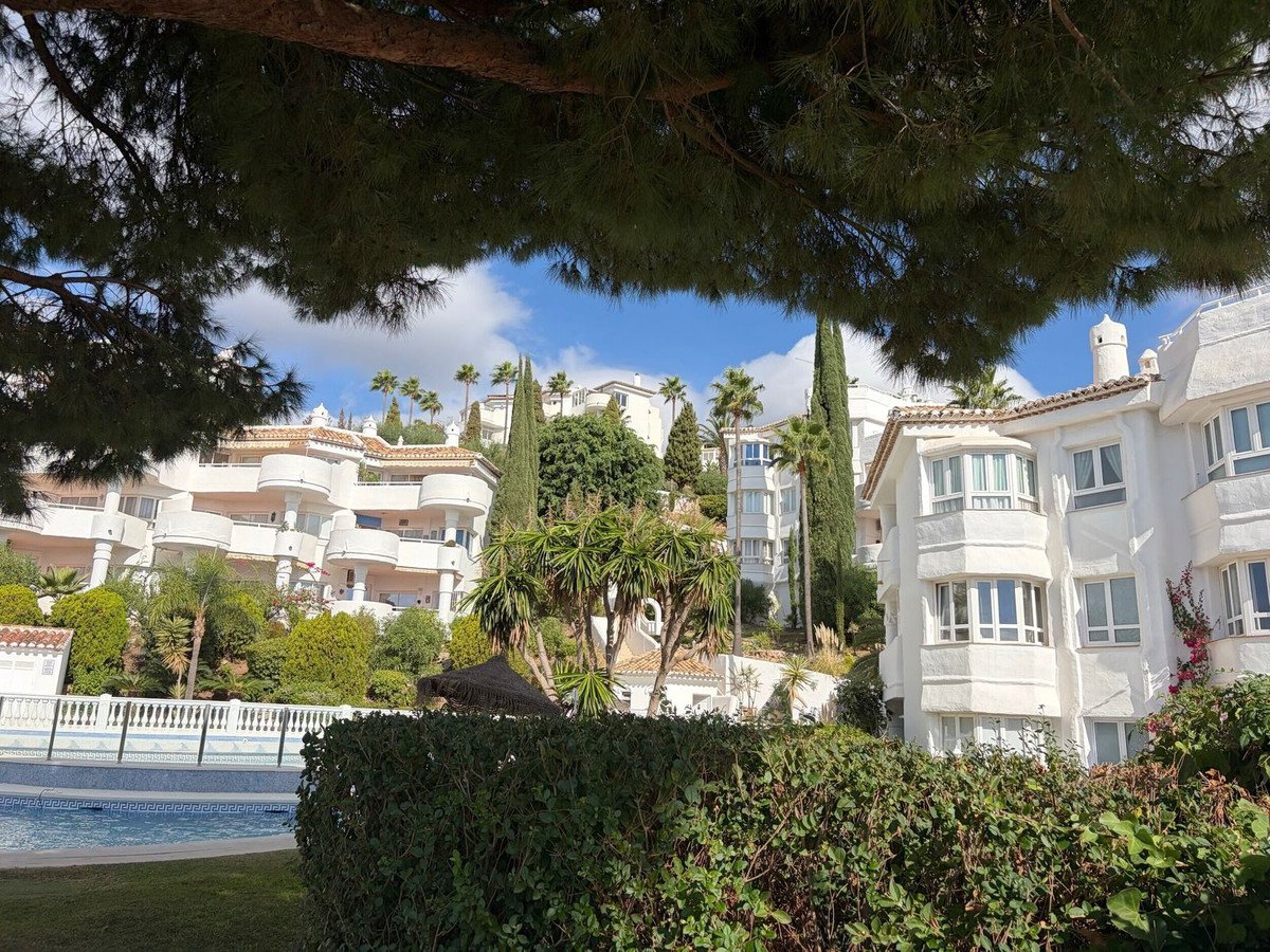 White apartment complex with pool, greenery, and palm trees under blue sky