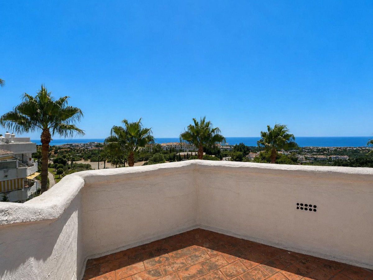 A spacious terrace with terracotta flooring offers a panoramic view of the sea, palm trees, and distant buildings.