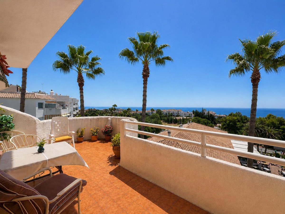 Terrace with seating and table overlooking the sea, with palm trees and buildings in the distance.