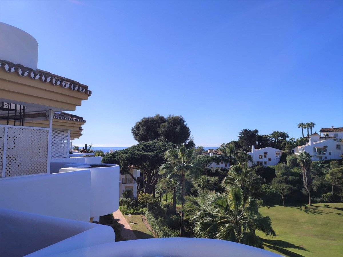 Balcony with sea view, palm trees, and white buildings under blue sky