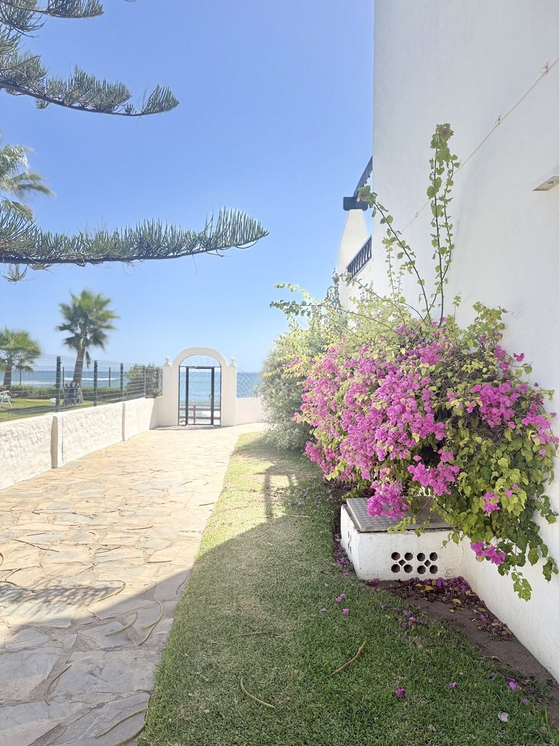 A stone pathway leads to an arched gate with the sea visible beyond, bordered by lush grass and vibrant pink bougainvillea.