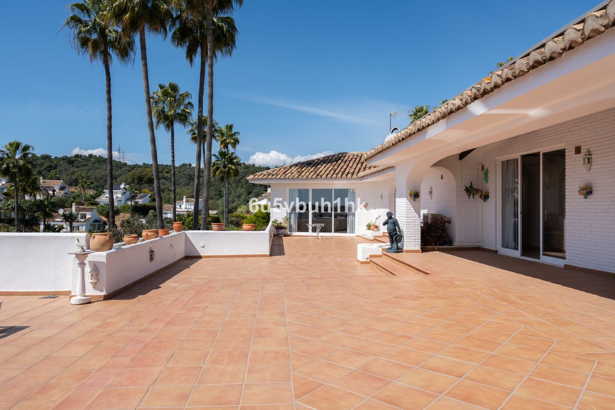 Spacious tiled terrace with palm trees, offering partial sea views and a tranquil ambiance.