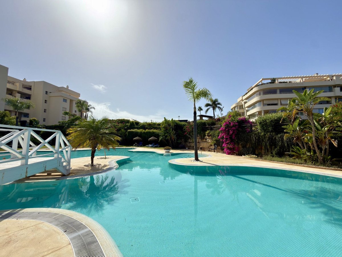 A large, resort-style swimming pool with palm trees, a white bridge, and apartment buildings in the background under a sunny sky.