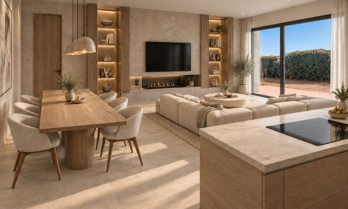 Modern living and dining room with fireplace, built-in shelves, and large windows overlooking garden
