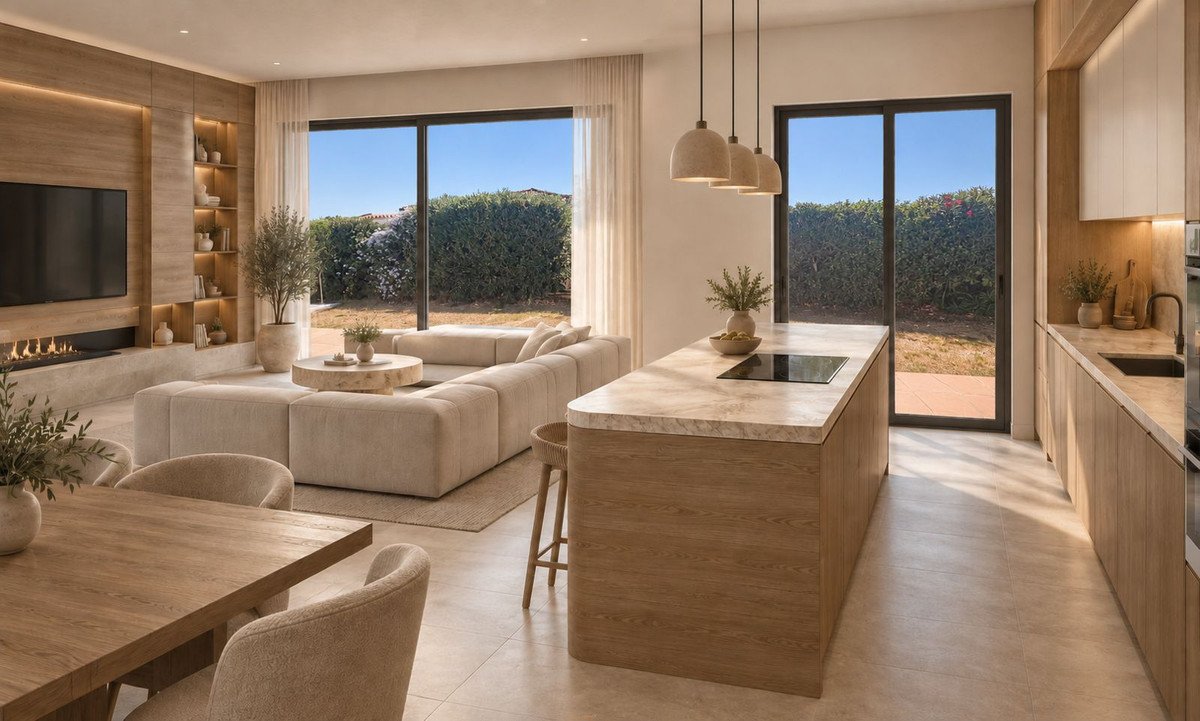 Modern open-plan living, dining, and kitchen with large windows and outdoor view