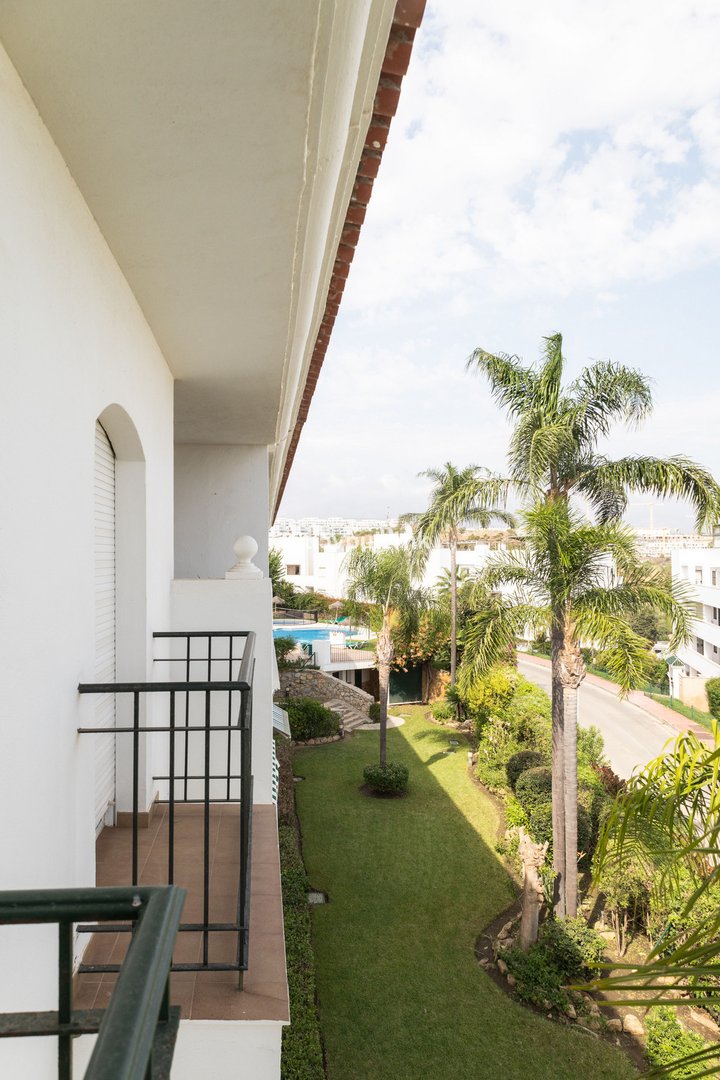 A view from a balcony overlooking a garden with palm trees, a swimming pool, and residential buildings in the distance.