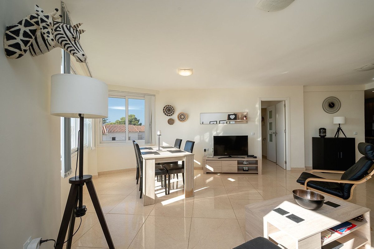 Spacious living and dining room with a television, dining table, and a unique zebra head wall decoration. Natural light fills the space.