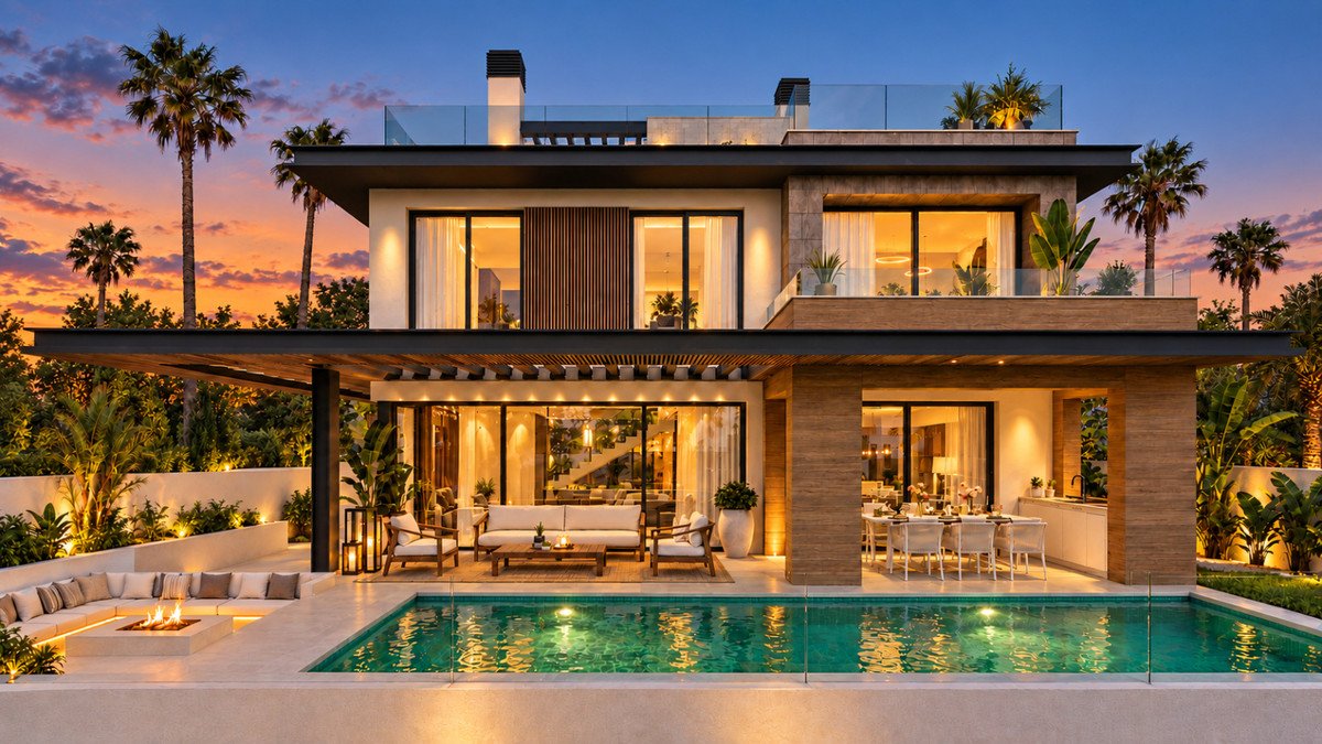 Modern villa with pool, fire pit, and outdoor seating at sunset