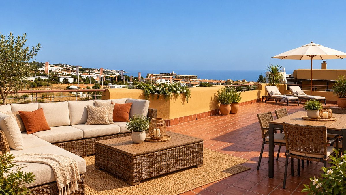 Spacious terrace with outdoor lounge and dining areas, overlooking a town and the sea on a sunny day.