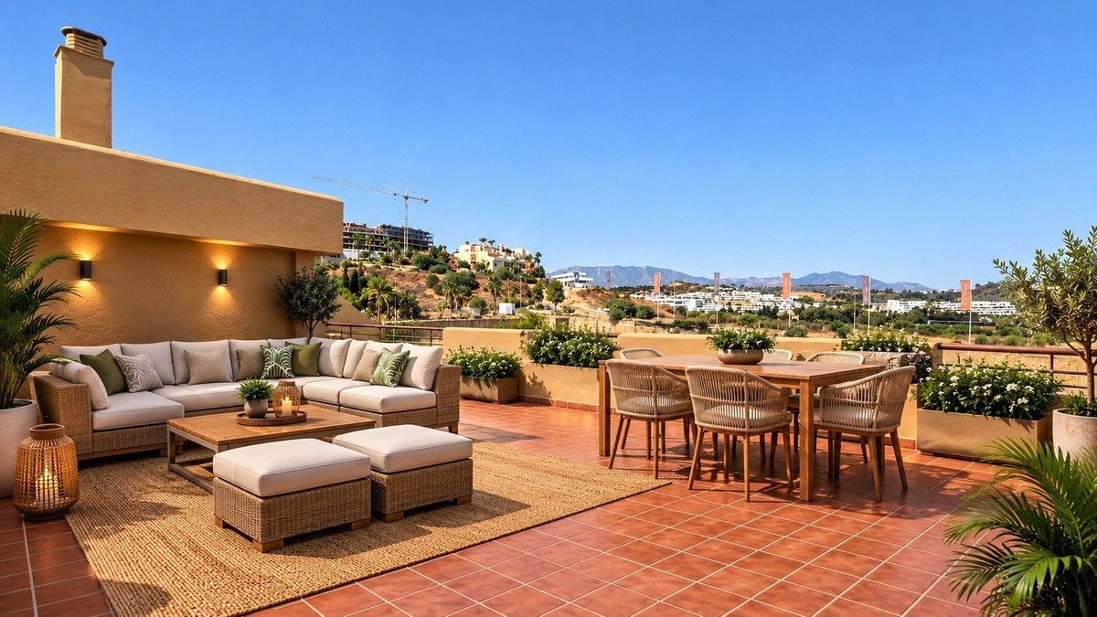 Spacious terrace with sectional sofa, coffee table, dining set, and scenic town and mountain views under a clear blue sky.