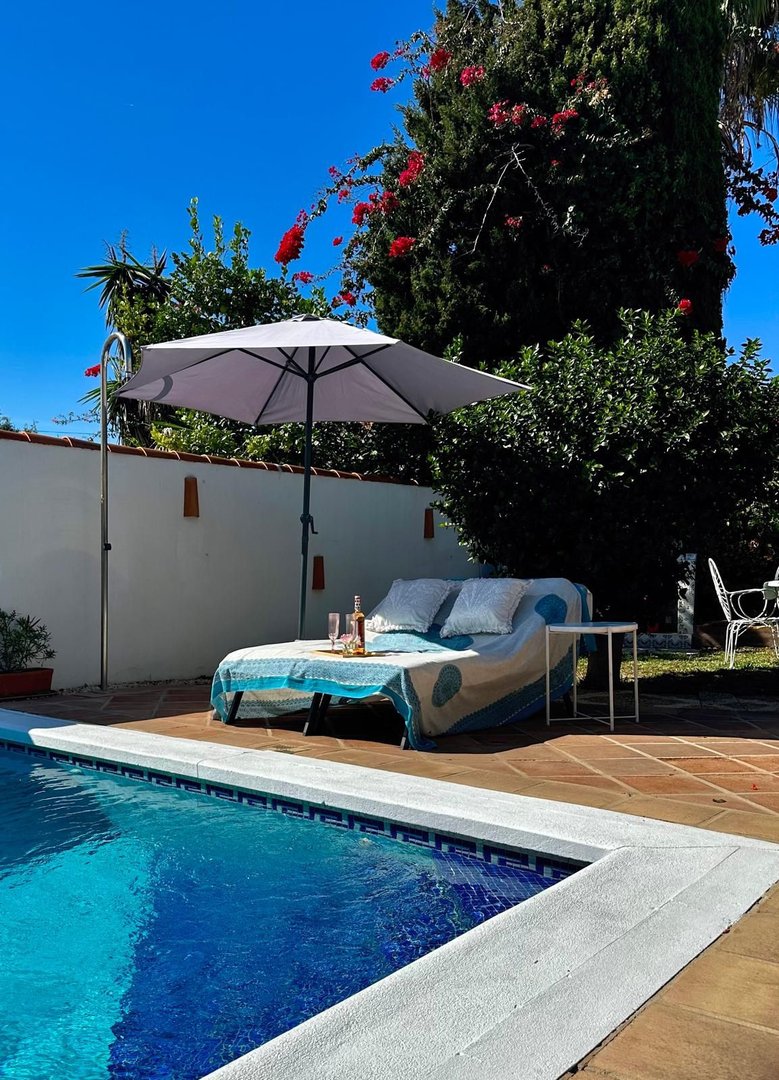 Outdoor pool with lounge area, umbrella, and surrounding greenery
