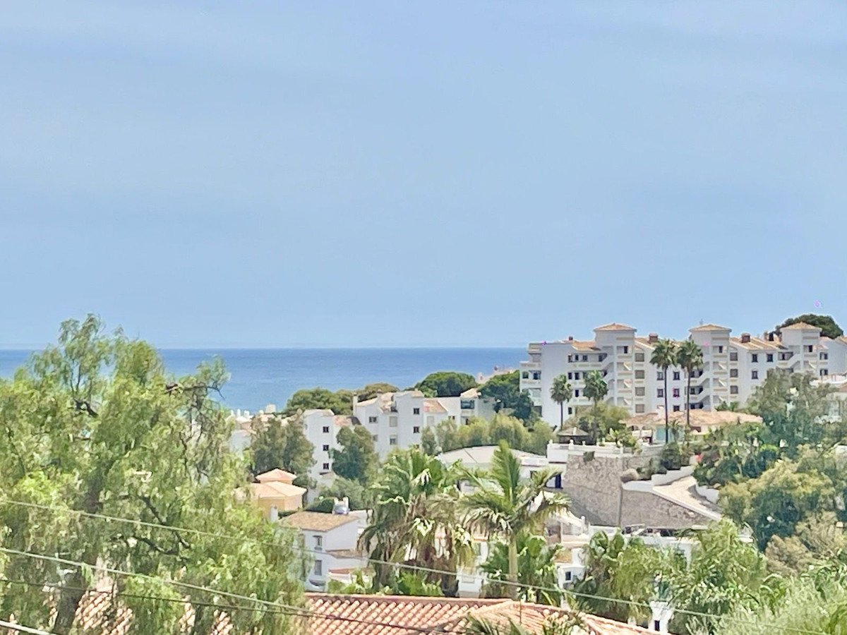 A view of a coastal apartment complex with palm trees and lush greenery, overlooking the blue sea under a clear sky.