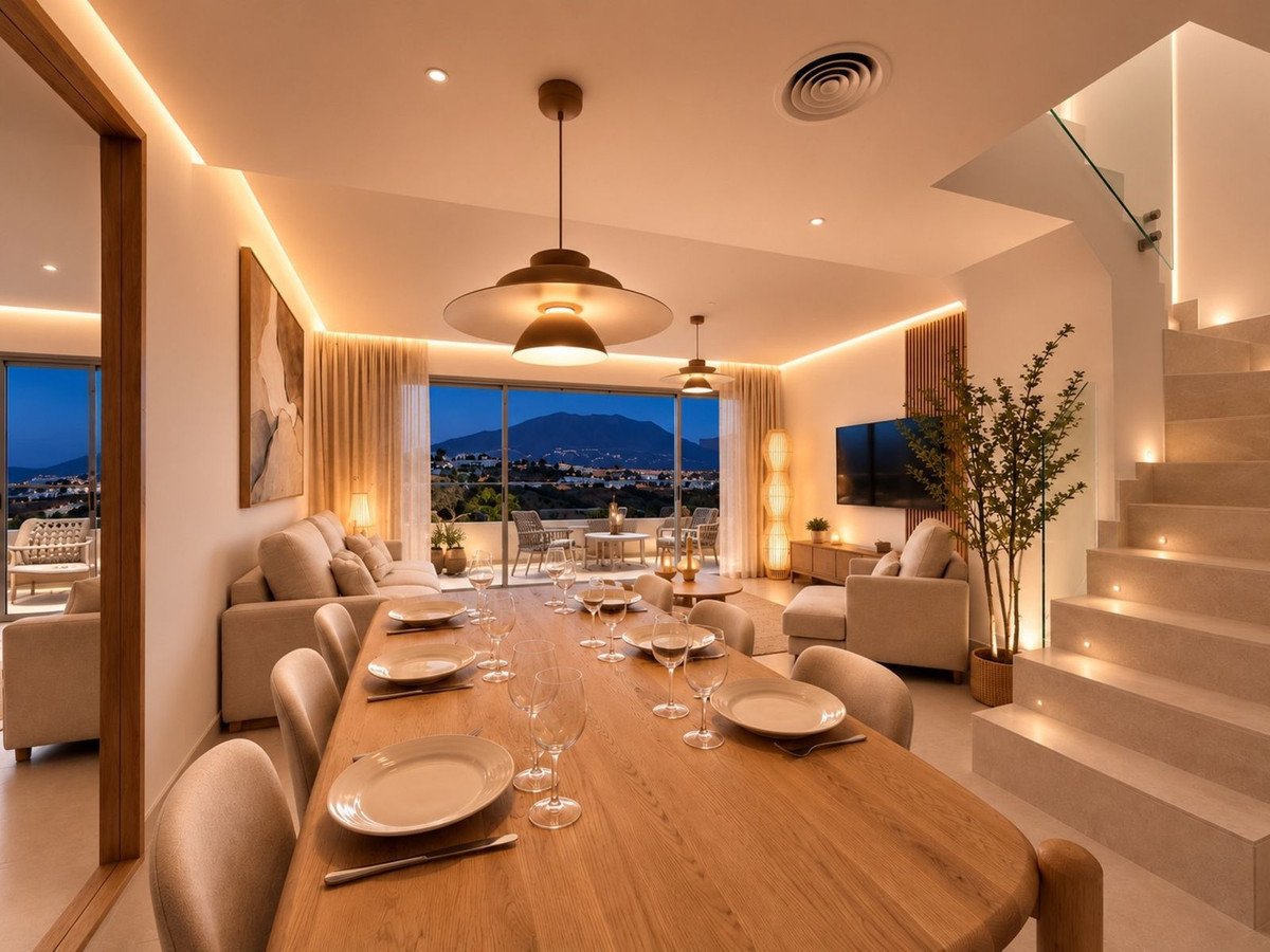A modern dining room with a large wooden table, seating, and a scenic mountain view visible through the large windows.