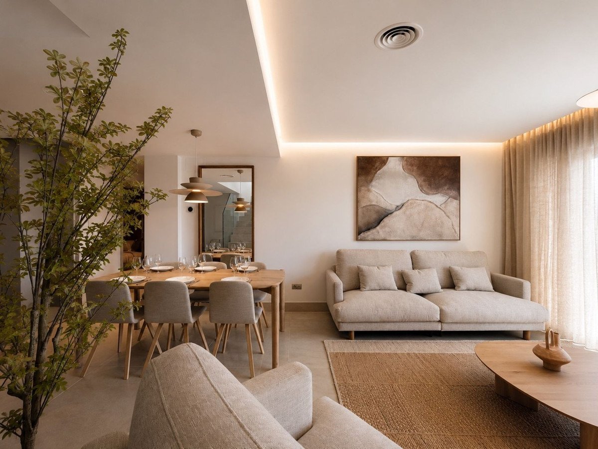 Modern living and dining area with beige sofa, wooden table, chairs, and abstract art. Elegant and spacious.