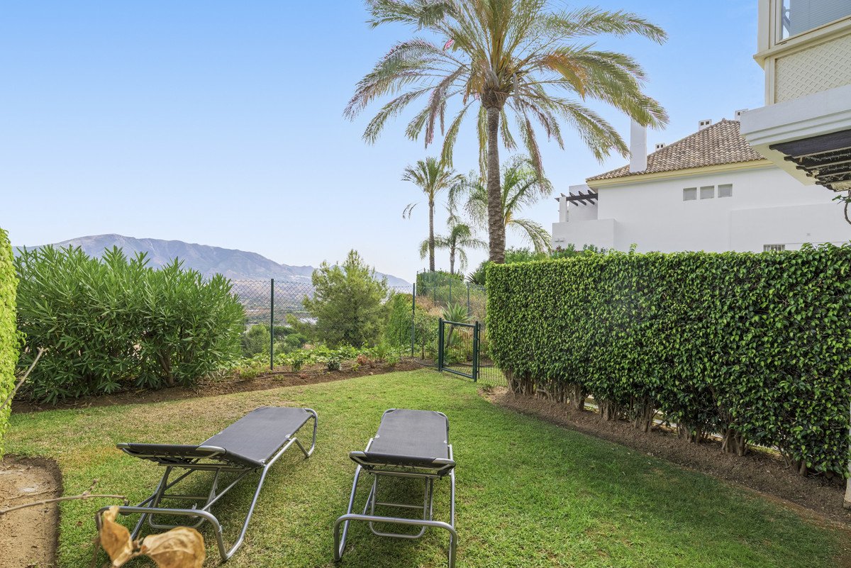 Garden with two lounge chairs, manicured hedge, palm trees, and a distant mountain view under a clear blue sky.