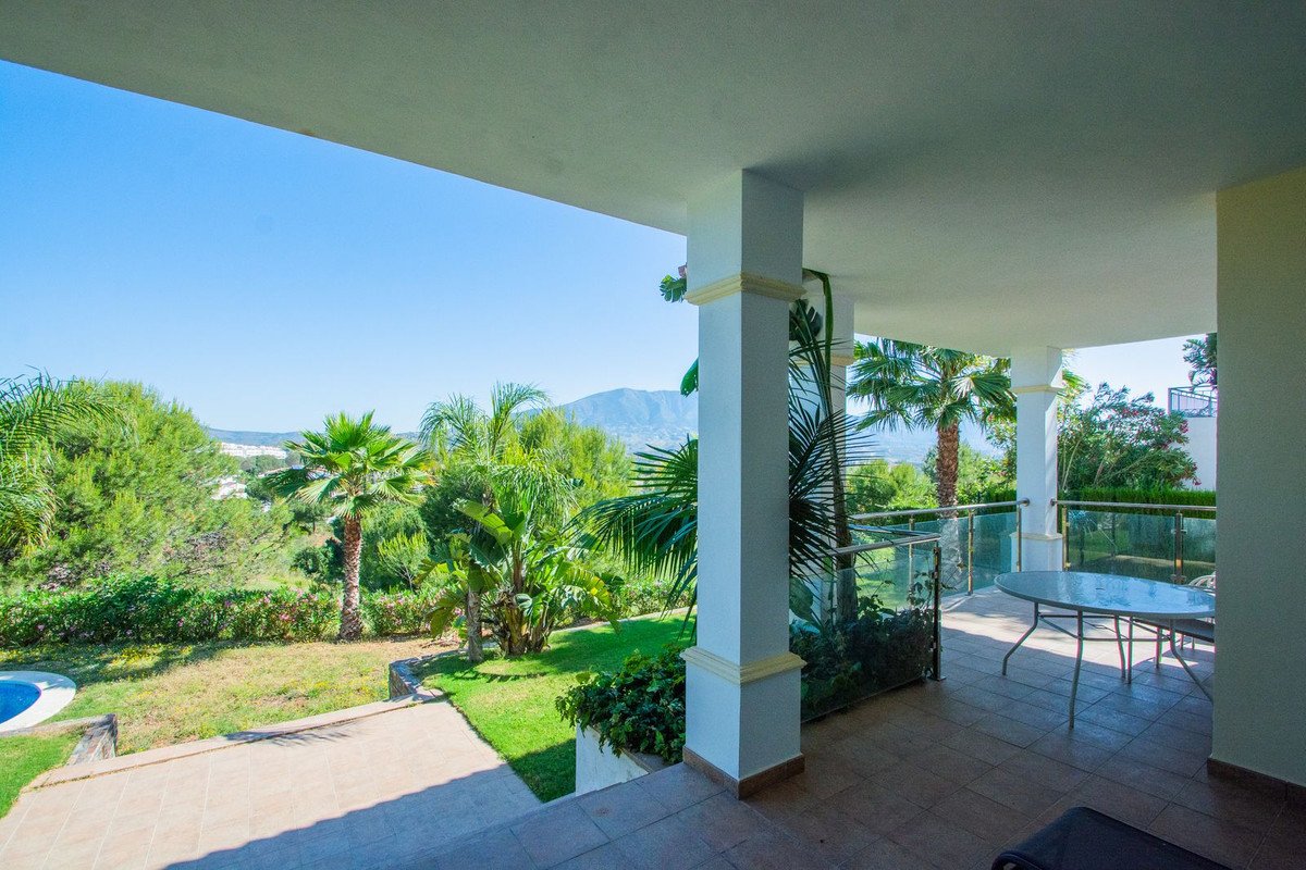 Patio with mountain view, outdoor table, and pool surrounded by palm trees