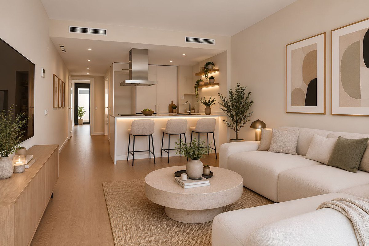 Modern open-concept living room and kitchen with a sofa, coffee table, island with bar stools, and artwork.