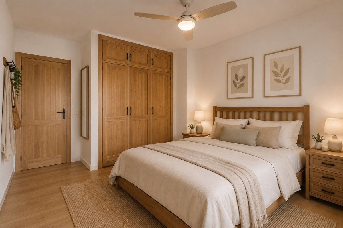 Cozy bedroom with a queen-size bed, wooden wardrobe, bedside tables, and ceiling fan.