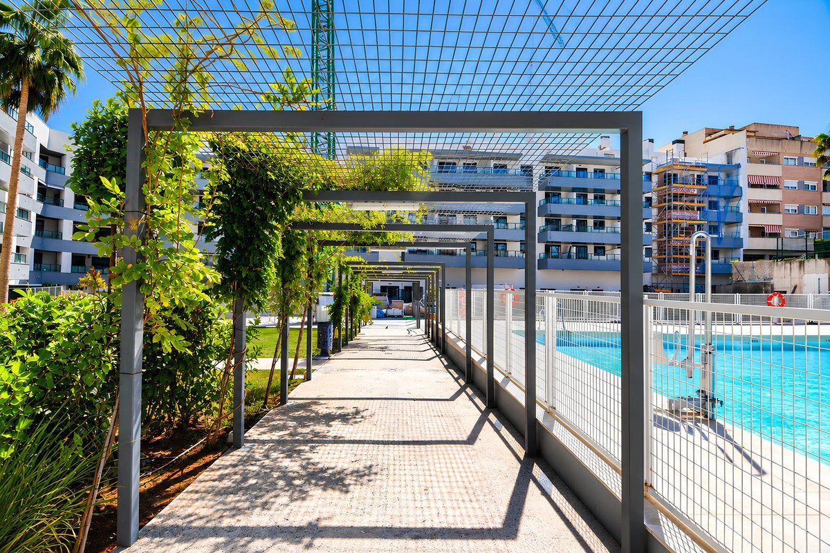 A shaded pathway leads to a swimming pool, bordered by greenery and modern buildings under a clear blue sky.