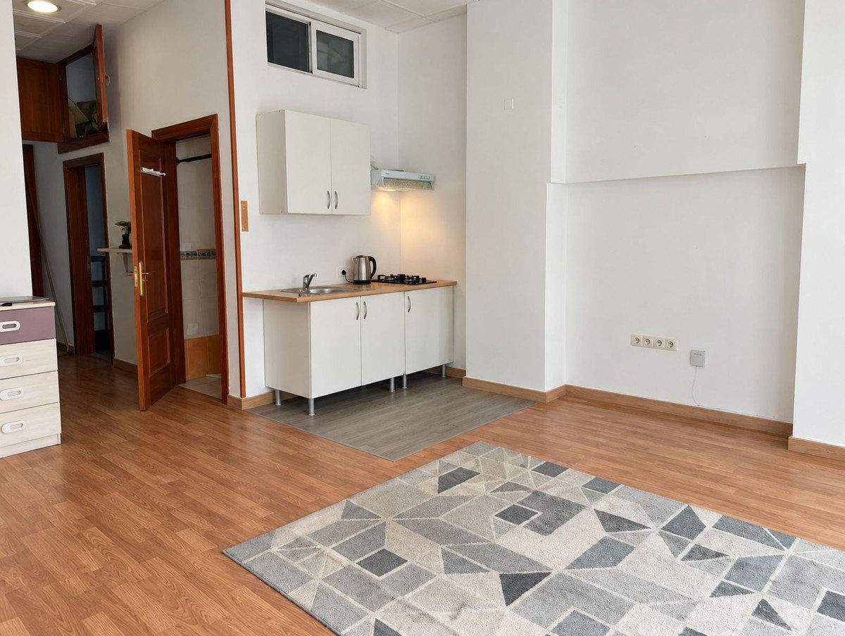 Modern studio apartment with a kitchenette, open living area, wooden floors, and a geometric rug.