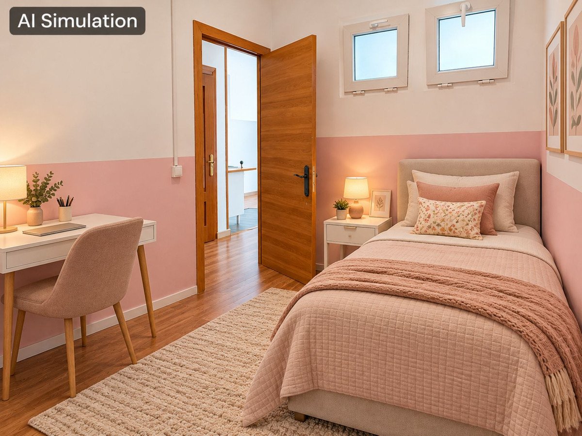 A bedroom features a twin bed with pink bedding, a desk with a chair, and a doorway leading to another room.