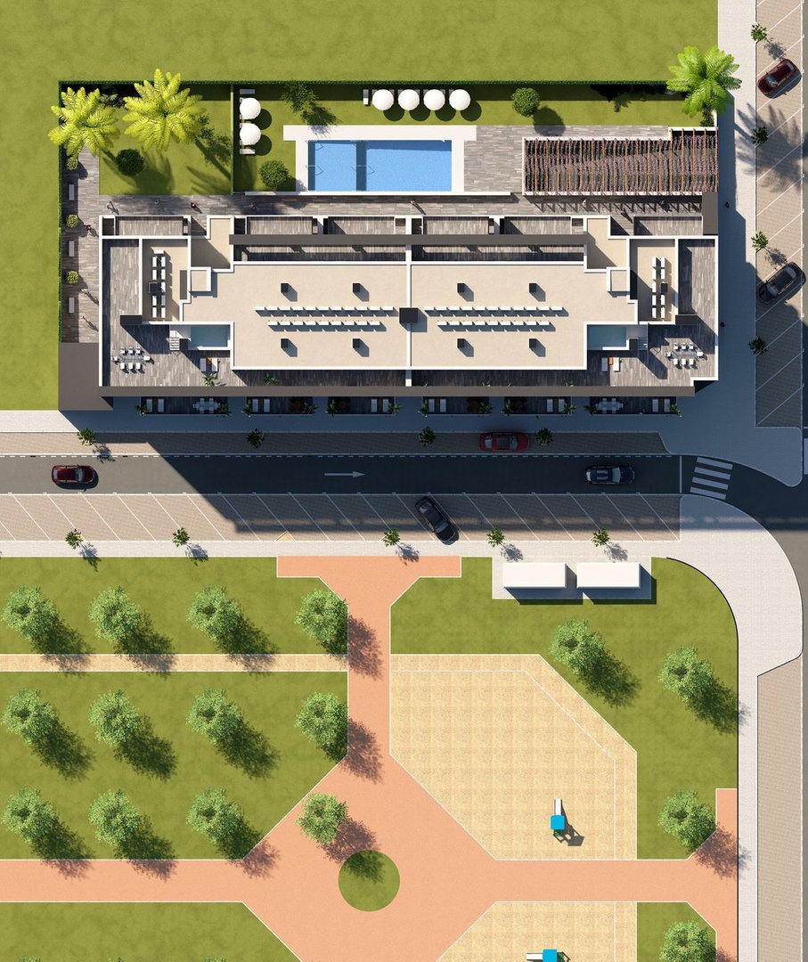 Aerial view of a modern apartment complex featuring balconies, a swimming pool, lounge area, and surrounding green spaces.