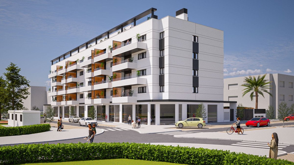 Modern apartment building with balconies and street view, featuring cars and pedestrians.