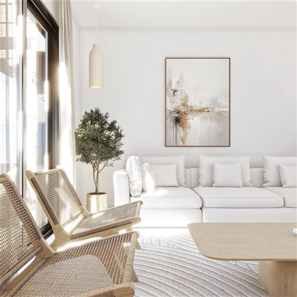 Bright modern living room with white sectional sofa, two rattan chairs, abstract art, and a large window with sheer curtains.