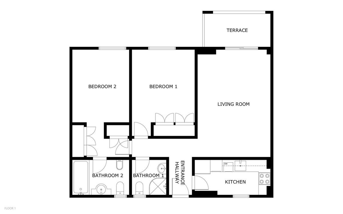 Floor plan of a two-bedroom apartment featuring a living room, kitchen, two bathrooms, and a terrace.
