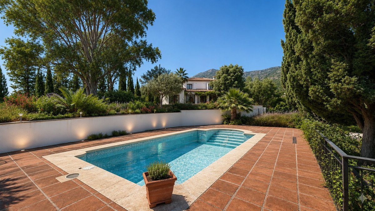 A beautiful swimming pool with steps and a tiled patio in front of a Mediterranean villa surrounded by lush greenery and trees.