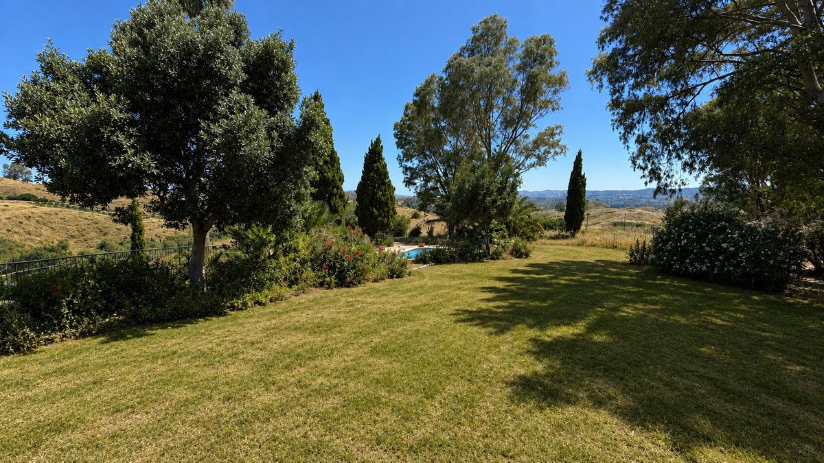 A spacious green lawn leads to a swimming pool surrounded by trees, with a scenic view of rolling hills and distant buildings under a clear blue sky.