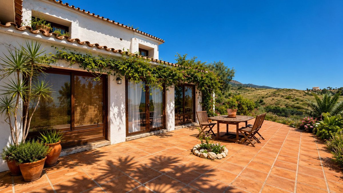 A sunny outdoor patio with a wooden table and chairs, overlooking rolling hills under a clear blue sky.
