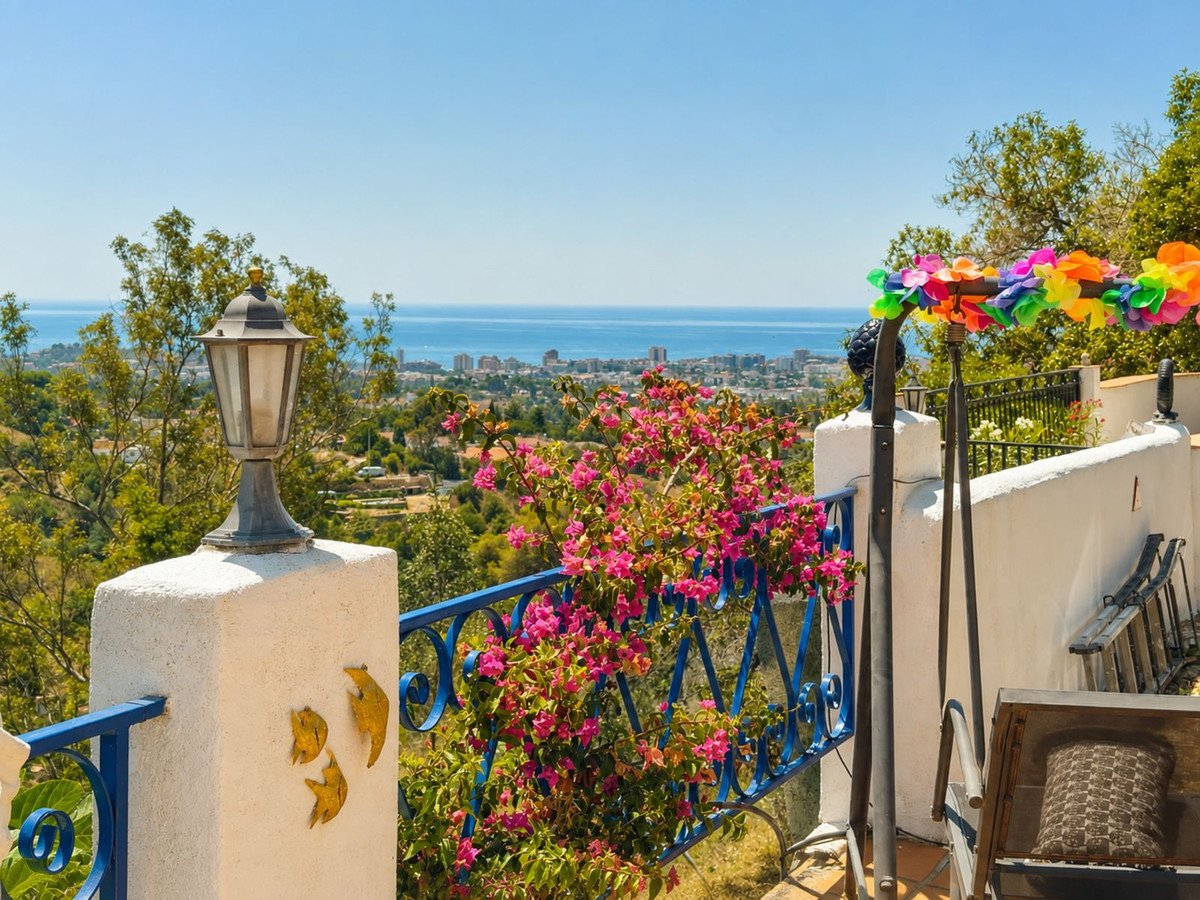 A sunny balcony with a blue railing, vibrant pink flowers, and a distant cityscape and sea view.
