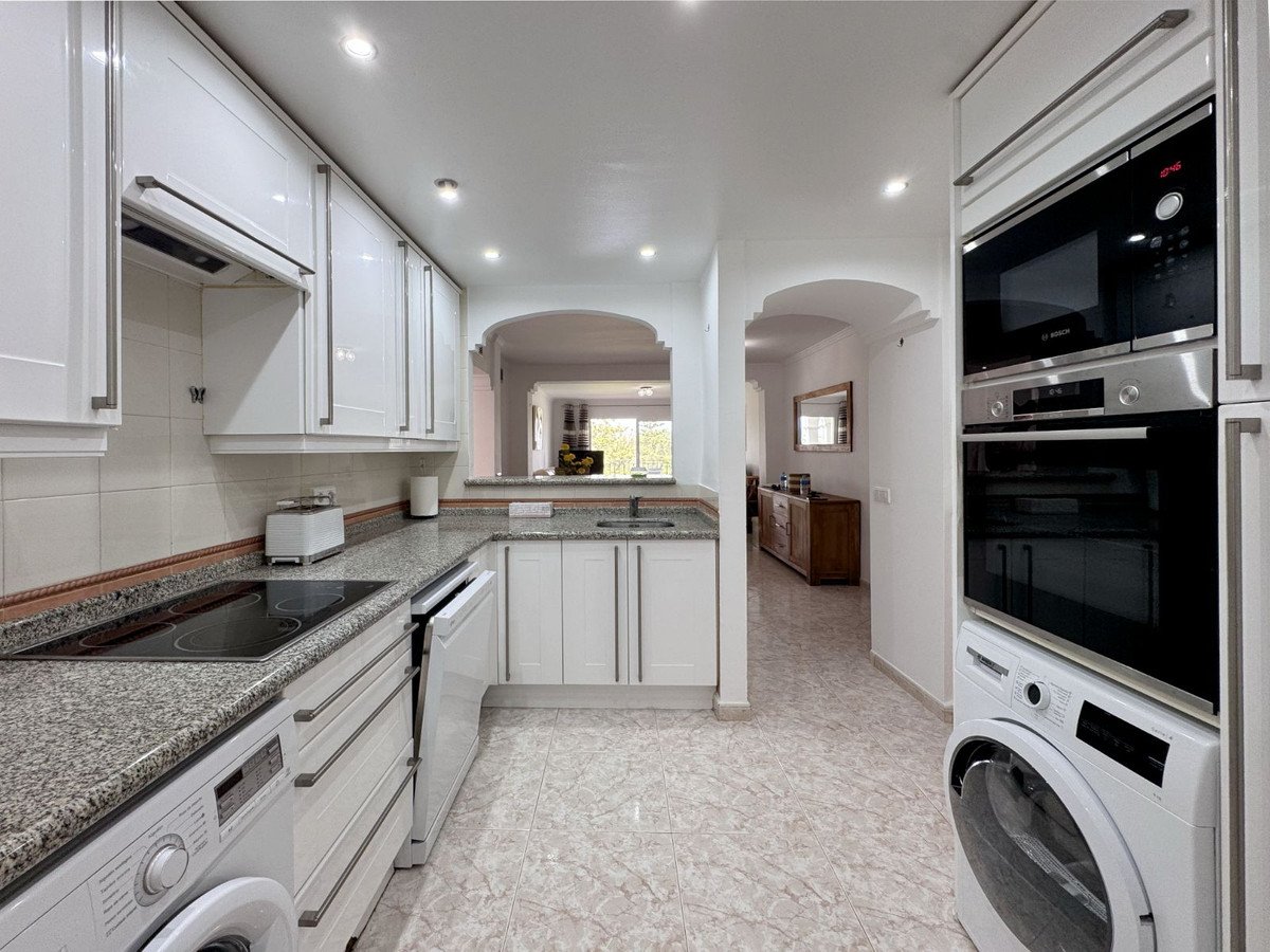 Modern white kitchen with granite countertops, built-in oven, microwave, and washing machine.