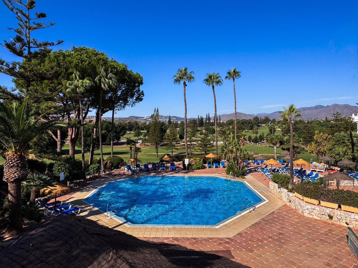 Resort swimming pool with loungers and umbrellas, surrounded by palm trees and a golf course with mountains in the background.